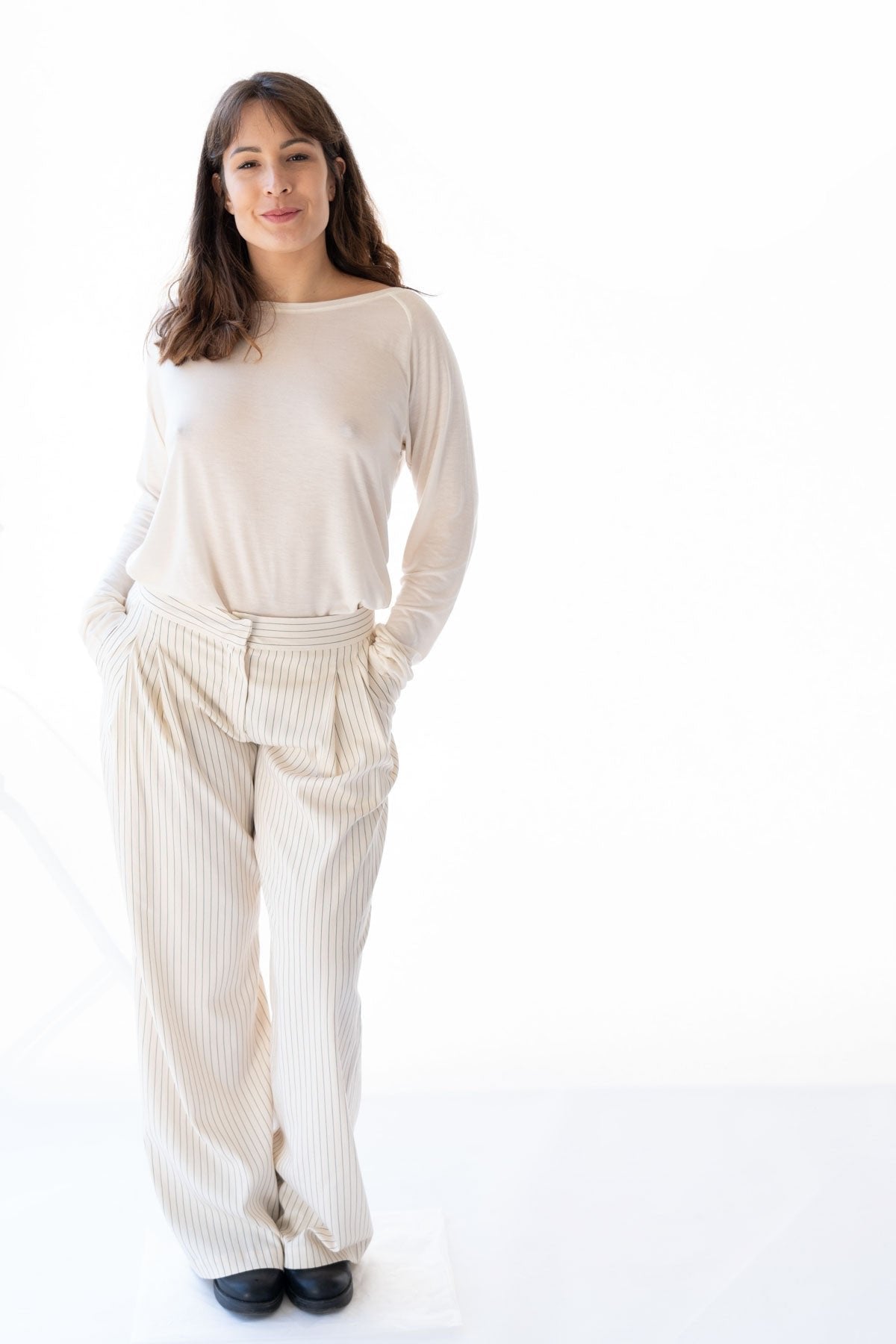 Pantaloni a righe gessate - Alghe ed eucalipto